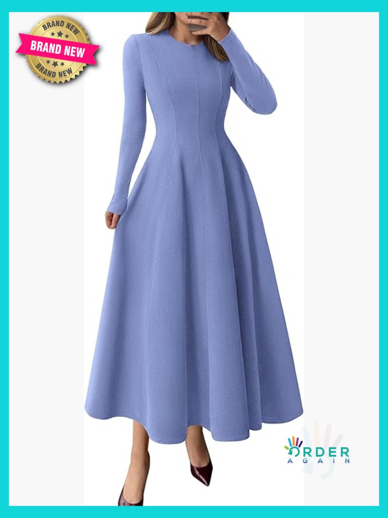 Elegant Long Sleeve Midi A-Line Cocktail Dress Flowy Fit Flare Formal Party